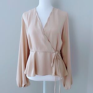Mustard Seed Satin Wrap Peplum Blouse Long Sleeve Tie Waist Top, Nude Beige M
